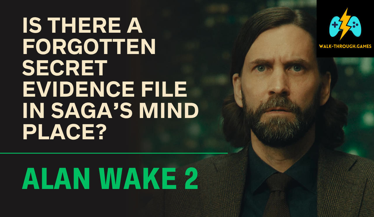 Saga Anderson standing in front of a nearly complete Case Board in the Mind Place, with a "Secret Found" icon over a hidden document. Text: "100% COMPLETION GUIDE".