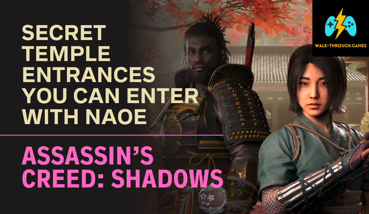 Naoe using her grappling hook to scale a massive temple wall at night, with a "Secret Found" icon over a hidden window. Text: "BYPASS THE GUARDS".