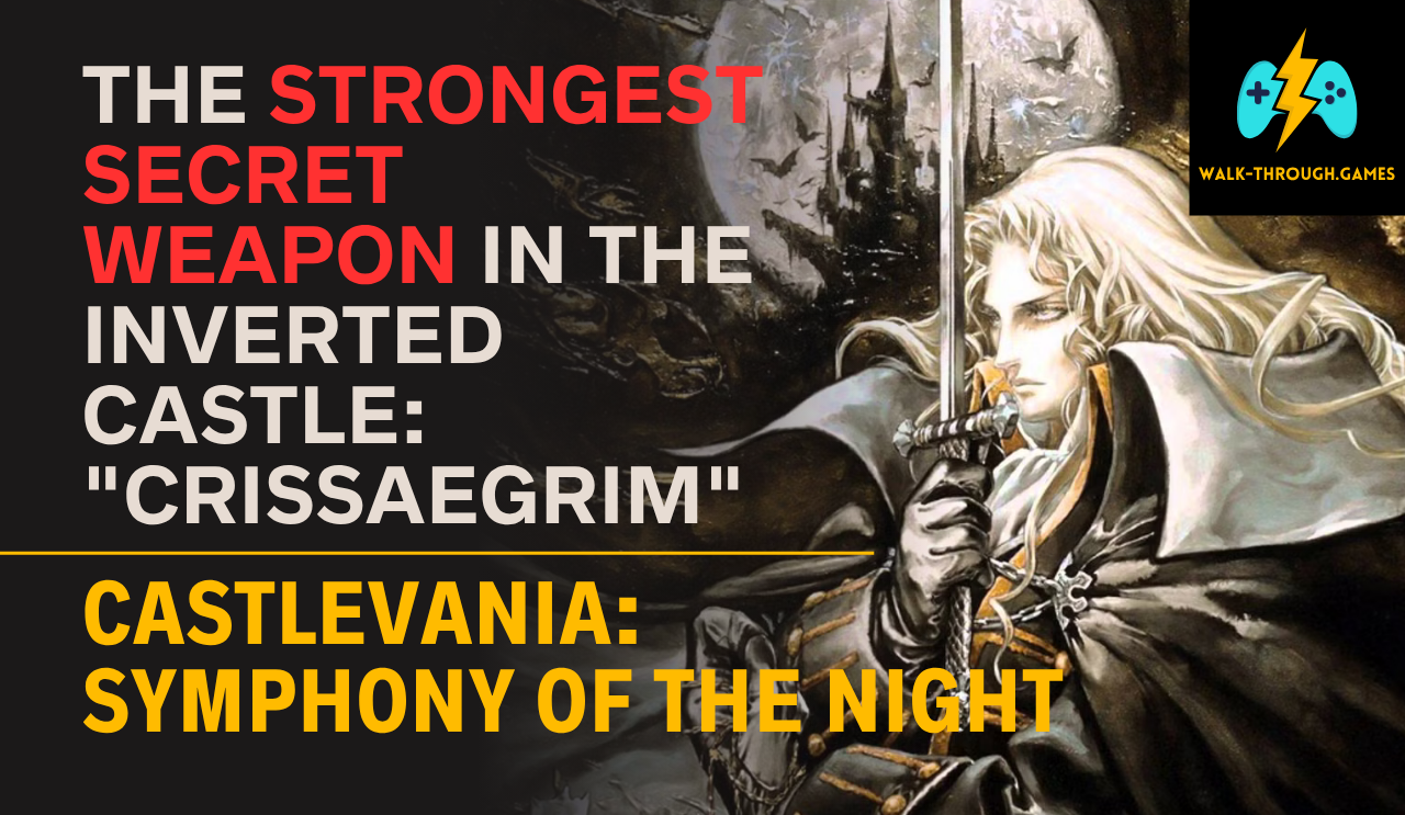 Alucard surrounded by the iconic blue "blur" of the Crissaegrim's multi-hit attack in the Inverted Library. Text: "OP WEAPON LOCATED".