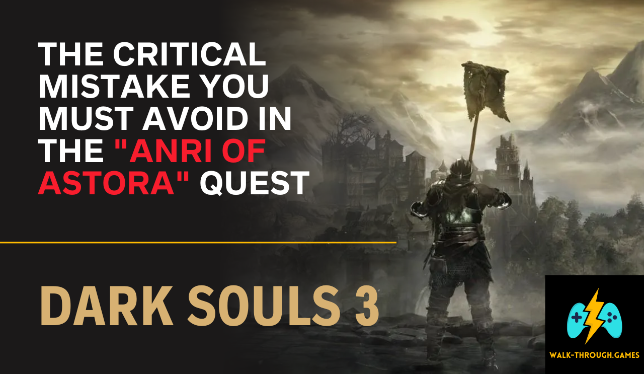 A dark, moody shot of the Church of Yorshka with Anri kneeling. An arrow points to a statue in the corner with the text "WATCH OUT!".