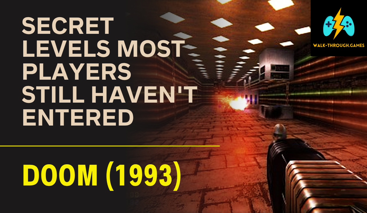 A classic Doom Marine looking at a "Secret" exit sign hidden behind a flickering wall panel. Text: "MAP 9 REVEALED".