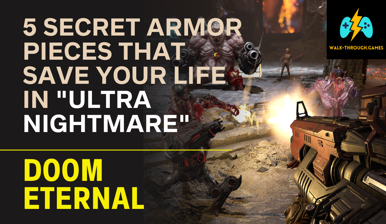 A high-intensity shot of the Doom Slayer with glowing green armor, standing over a fallen Cyberdemon. Text: "ESSENTIAL ARMOR UPGRADES".