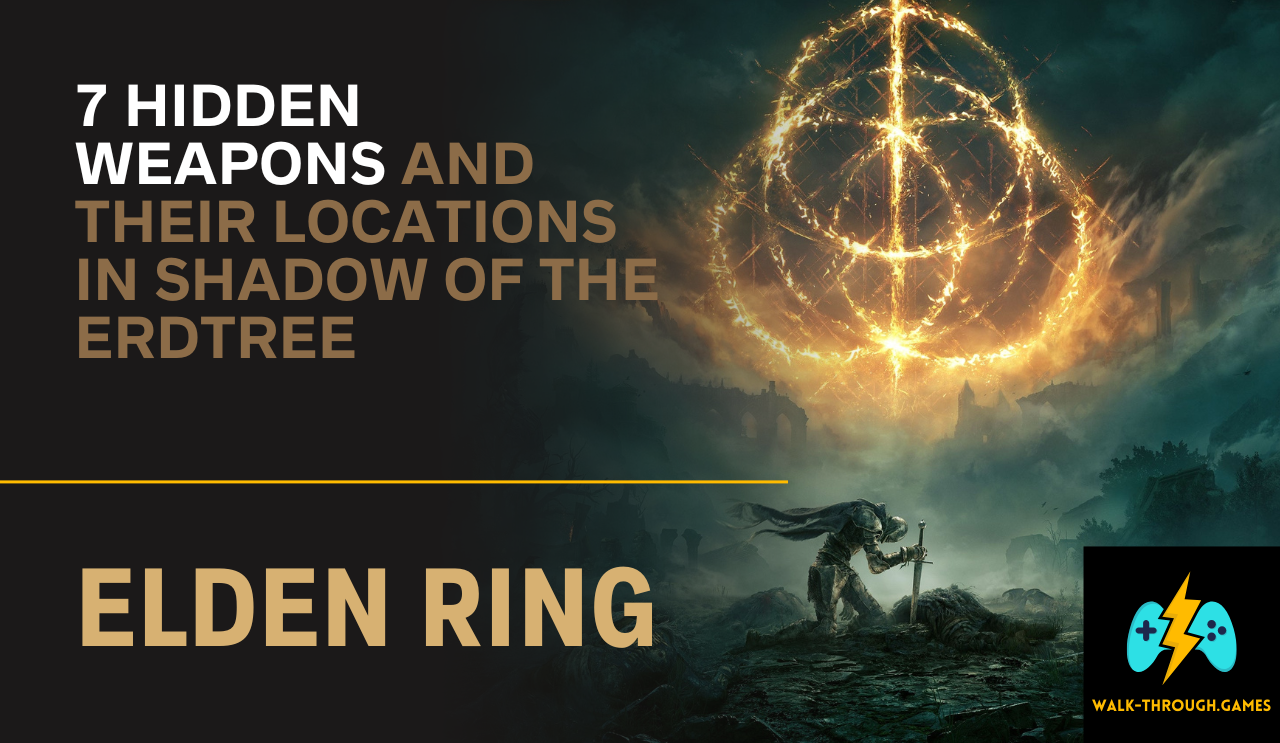 A high-contrast image showing the glowing Euporia Twinblade and the Star-Lined Sword against the backdrop of the Scadutree. Text: "OP & HIDDEN".