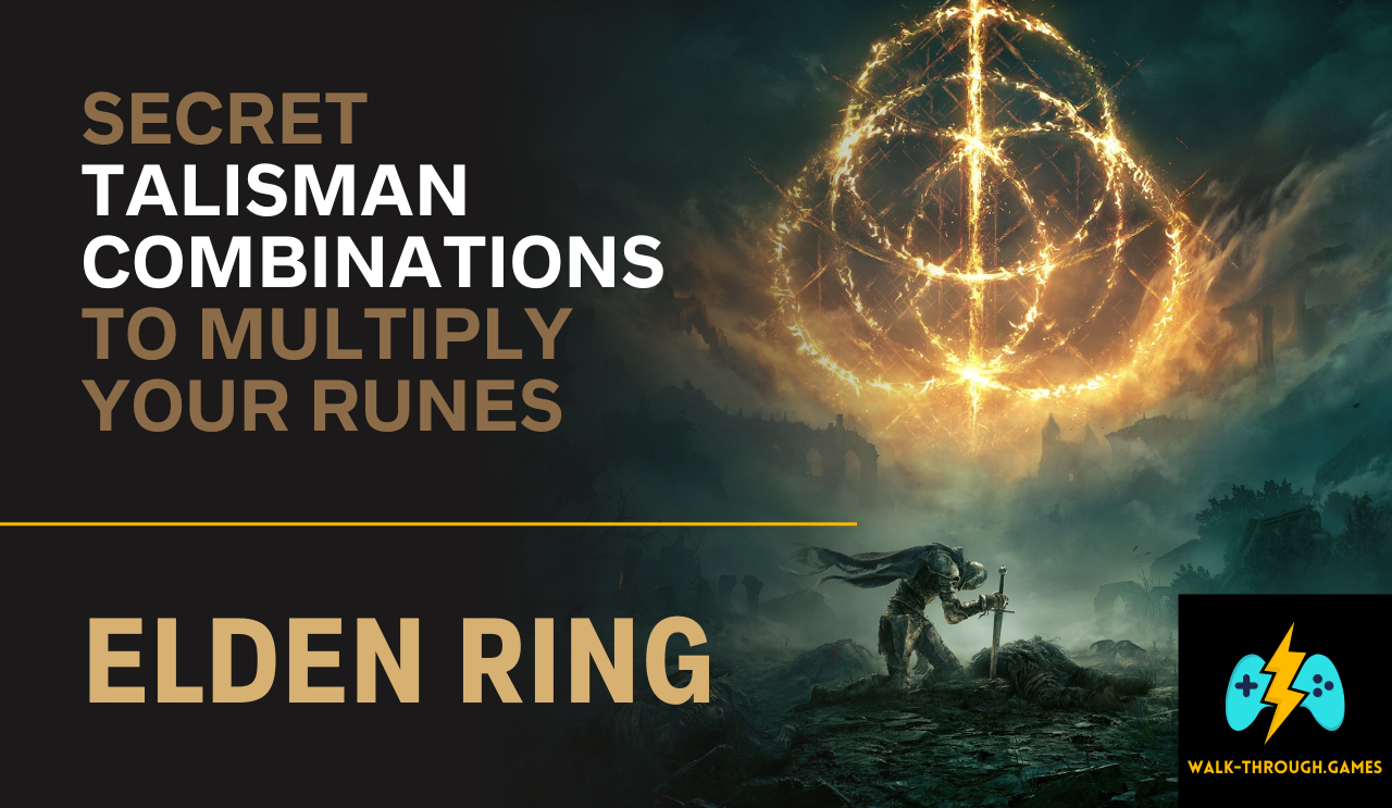 A screenshot of the Gold Scarab talisman glowing next to the Golden Horn Tender, with a massive "Rune Gained" notification in the background. Text: "STACKING GUIDE".
