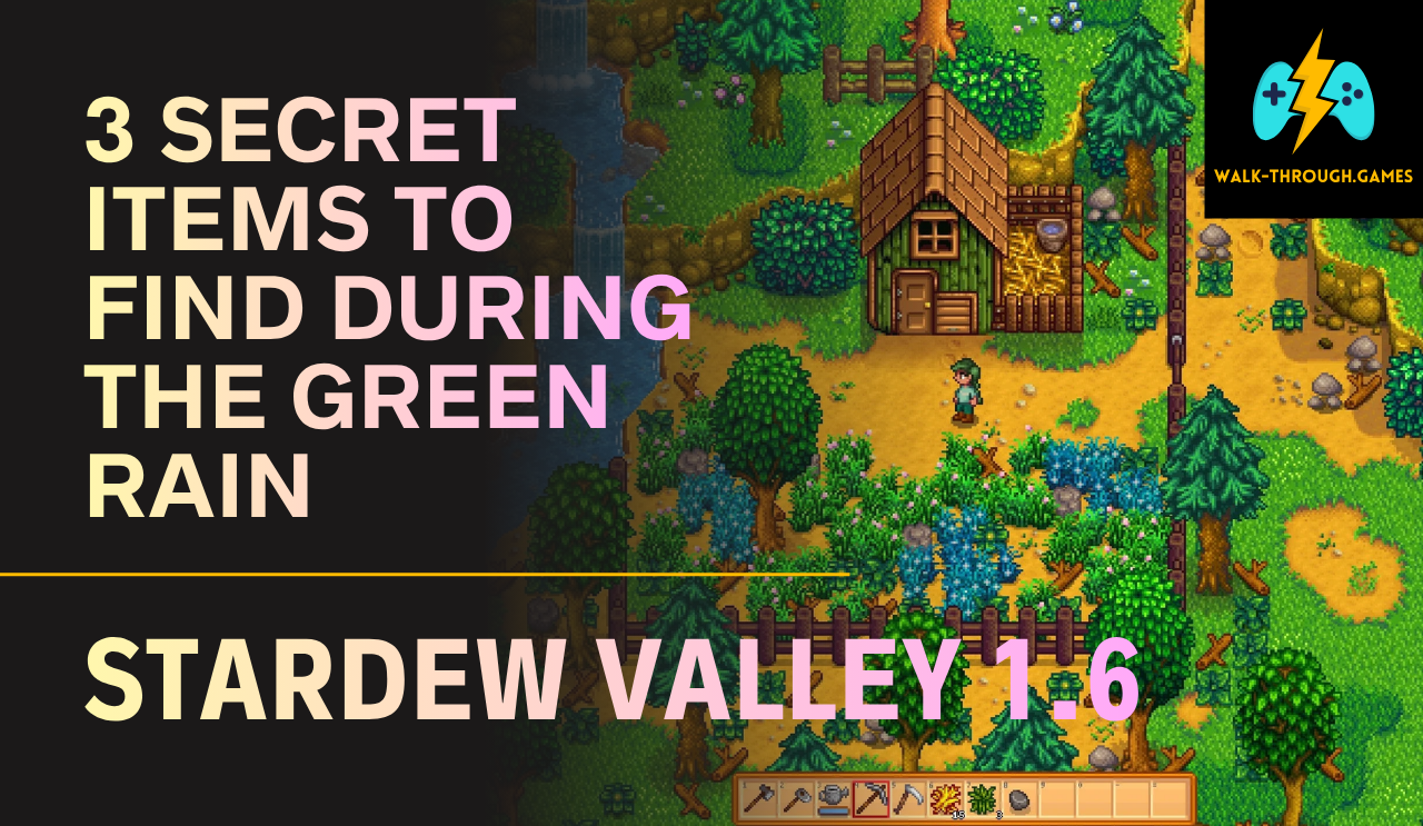 A farmer standing under the emerald glow of the Green Rain, surrounded by vine-like trees and glowing moss. Bold text: "3 MUST-HAVE ITEMS".