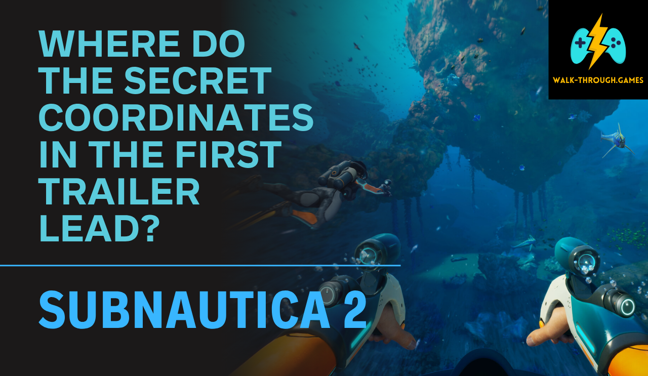 A split screen showing the Subnautica 2 HUD coordinates on one side and an aerial view of the Great Blue Hole in Belize on the other. Text: "WHERE DO THEY LEAD?".